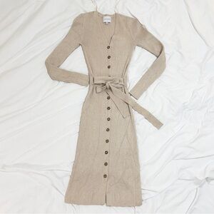 Pink Rose Oatmeal Ribbed Knit Button-Front Long Sleeve Knit Dress